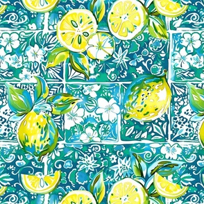 Tile Me To Santorini Teal Floral - Lemon Tile On White
